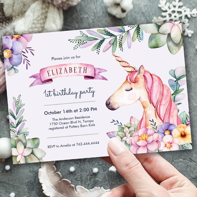 Invitation Purple Aquarelle Fleur Unicorn Fille Anniversaire (Purple Watercolor Flower Unicorn Girl Birthday Invitation)