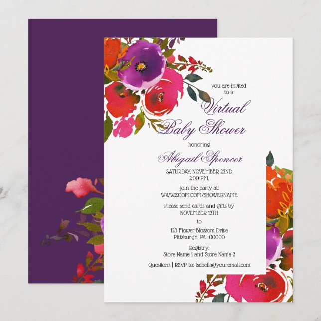Invitation Purple Aquarelle Floral Girl Baby shower virtuel (Devant / Derrière)