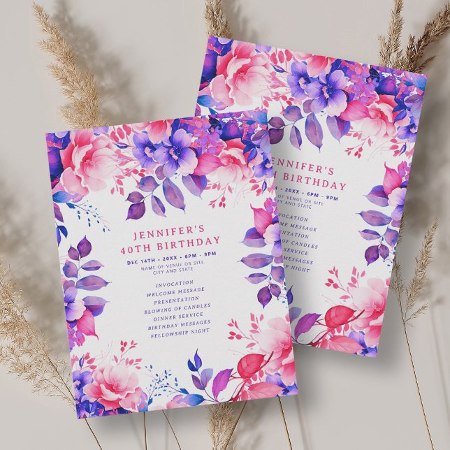 Invitation Purple Aquarelle Florale 40e Anniversaire Programm (Purple Watercolor Floral 40th Birthday Program )