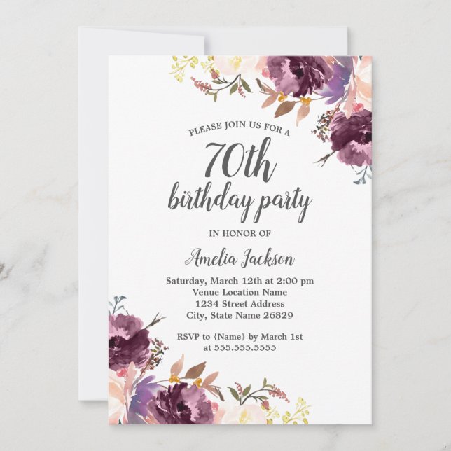Invitation Purple Aquarelle Florale 70e fête d'anniversaire (Devant)