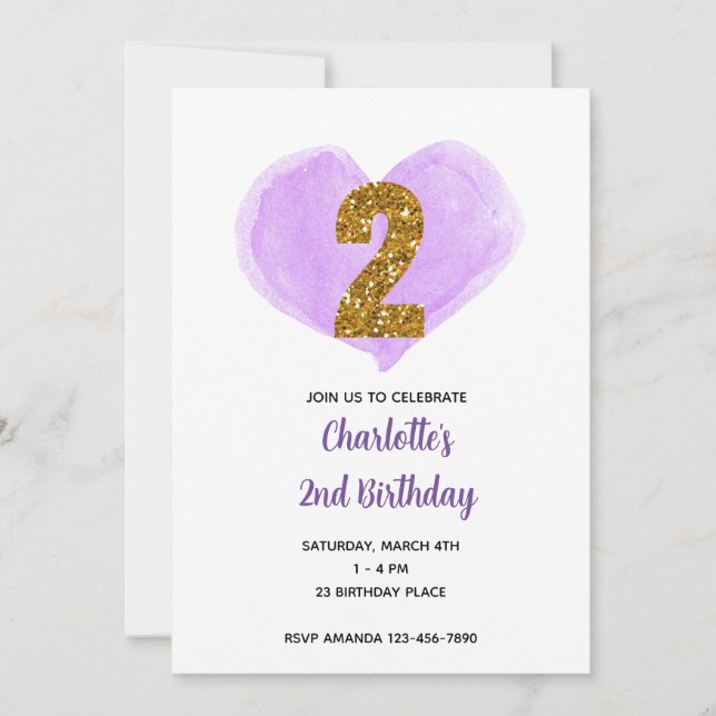 Invitation Purple Aquarelle Heart Gold Parties scintillant 2e (Devant)