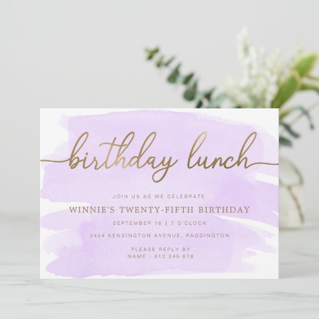 Invitation Purple Aquarelle Or Anniversaire Déjeuner Invitati (Debout devant)