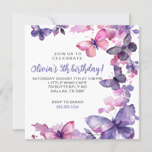Invitation Purple Aquarelle Papillon Fille à l'anniversaire