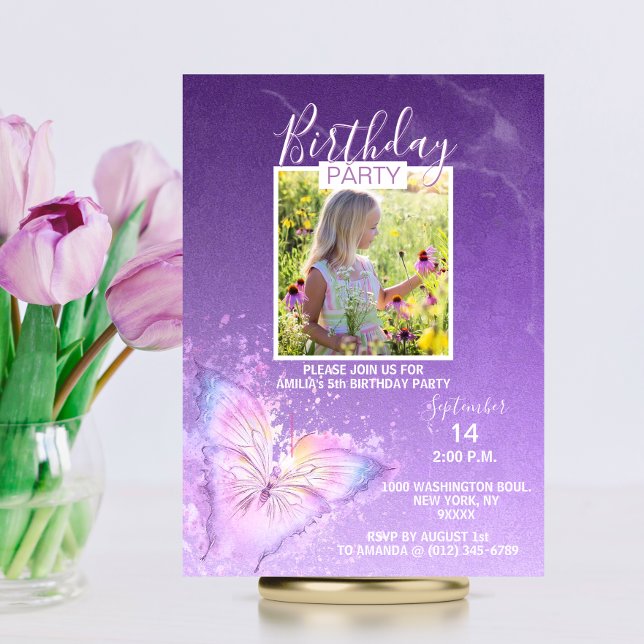 Invitation Purple Aquarelle Papillon Fille Anniversaire | PHO (Purple Watercolor Butterfly Girl Birthday  PHOTO Invitation | Lavender, Violet Colors)