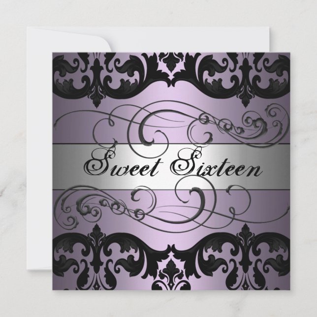 Invitation Purple/Argent Damask Sweet 16 Anniversaire Invitat (Devant)