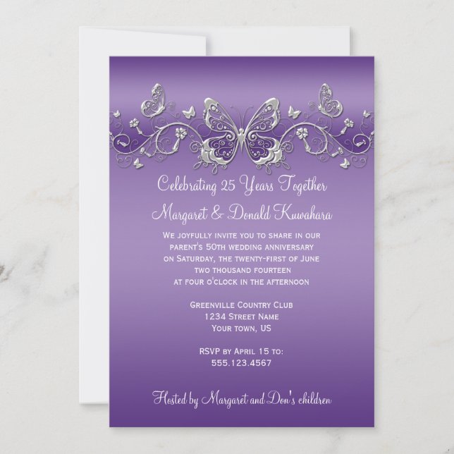 Invitation Purple aux papillons d'argent 25e anniversaire (Devant)
