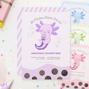 Invitation Purple Axolotl Bubble Boba Tea Girl Anniversaire