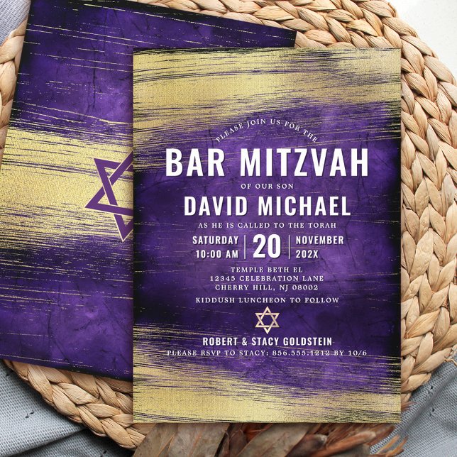 Invitation Purple Bar Mitzvah Bold Type Gold Foil Moderne (Créateur téléchargé)