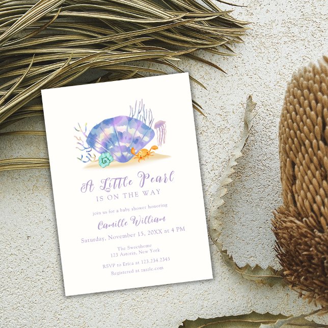 Invitation Purple Beach Ocean Little Pearl Girl Baby shower (Purple Beach Ocean Little Pearl Girl Baby Shower Invitation)