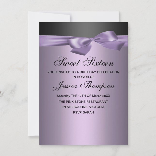 Invitation Purple & Black Bow Sweet 16 Anniversaire Invitatio (Devant)