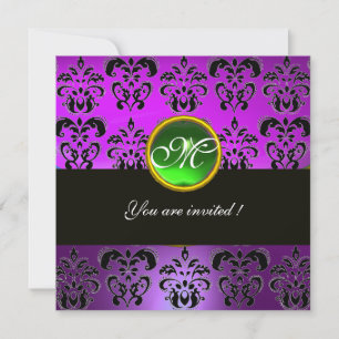 Invitation PURPLE BLACK DAMASK MONOGRAM, émeraude verte