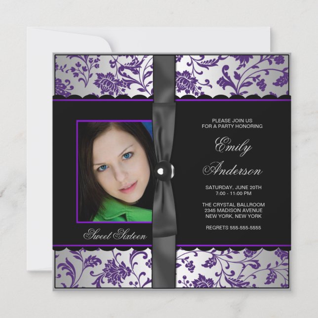 Invitation Purple Black Damask Photo Sweet 16 Party (Devant)