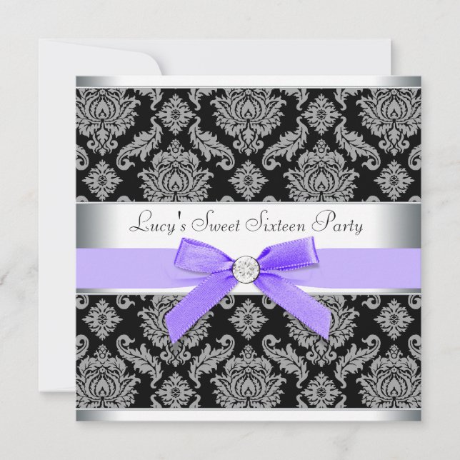 Invitation Purple Black Damask Sweet 16 Anniversaire (Devant)