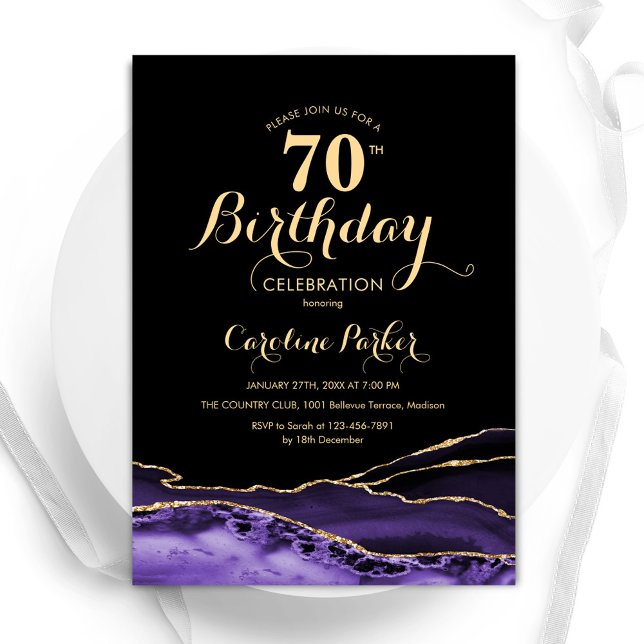 Invitation Purple Black Gold Agate 70e anniversaire (Créateur téléchargé)