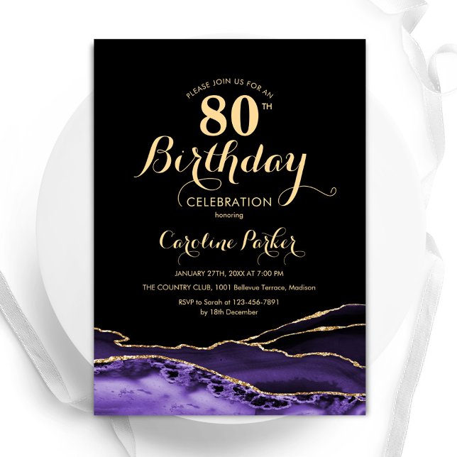 Invitation Purple Black Gold Agate 80e anniversaire (Créateur téléchargé)