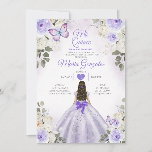 Invitation Purple & Blanc Mis Quince 15 Anos Argent Crown (Devant)