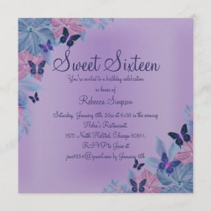 Invitation Purple & Bleu Shimmer Butterfly Sweet 16 Invitatio