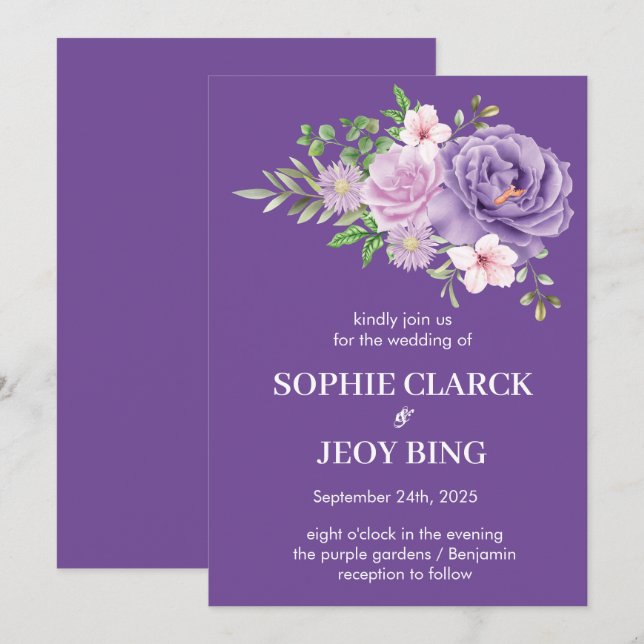 Invitation Purple Blooms Dusty Rose Floral Mariage (Devant / Derrière)