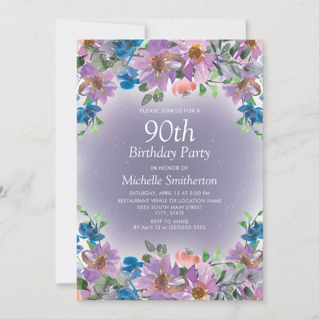 Invitation Purple Blue Floral femmes 90e anniversaire (Devant)