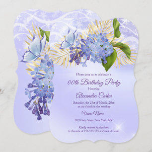 Invitation Purple Blue Floral Joli papillon fête d'anniversai