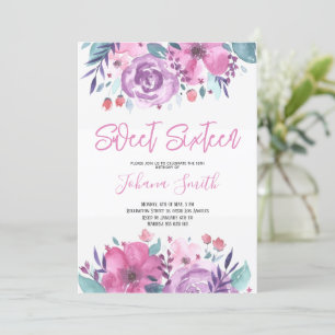 Invitation Purple Blue Floral Seizième anniversaire Invitatio
