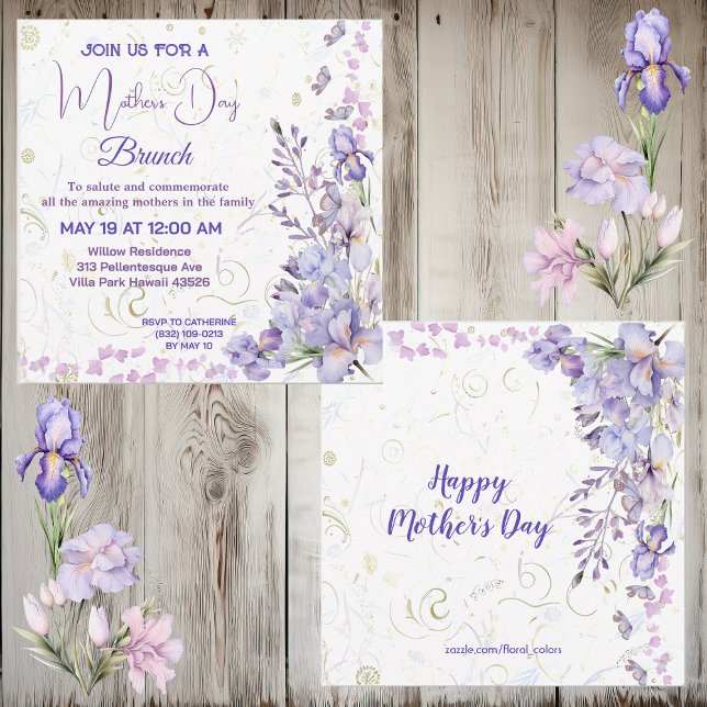 Invitation Purple Blue Iris mignon papillon Fête des mères Br (Purple Blue Iris Cute Butterfly Mothers Day Brunch Invitation)