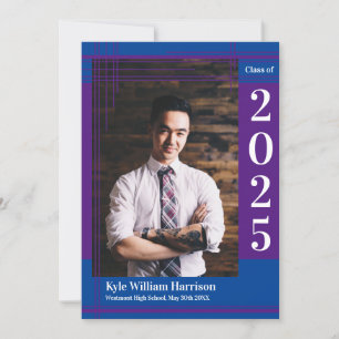 Invitation Purple Blue School Couleur Graduation Photo Plaid