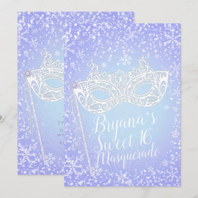 Invitation Purple Blue Winter Wonderland Masquerade Sweet 16 (Devant / Derrière)