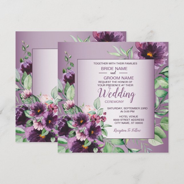 Invitation Purple Blush Floral Geometric Greenery Wedding (Devant / Derrière)