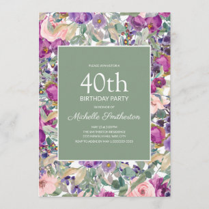Invitation Purple Blush rose floral Sage vert 40e anniversair