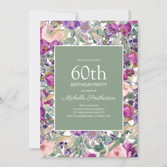 Invitation Purple Blush rose floral Sage Vert 60e anniversair (Devant)
