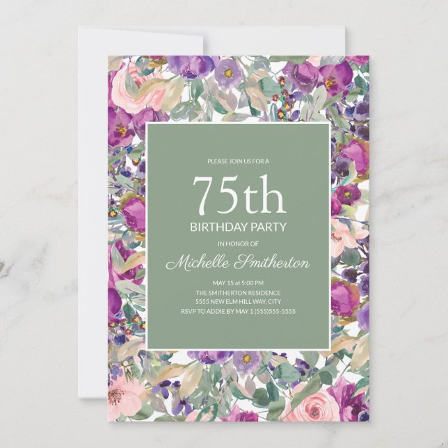 Invitation Purple Blush rose floral Sage vert 75e anniversair (Devant)
