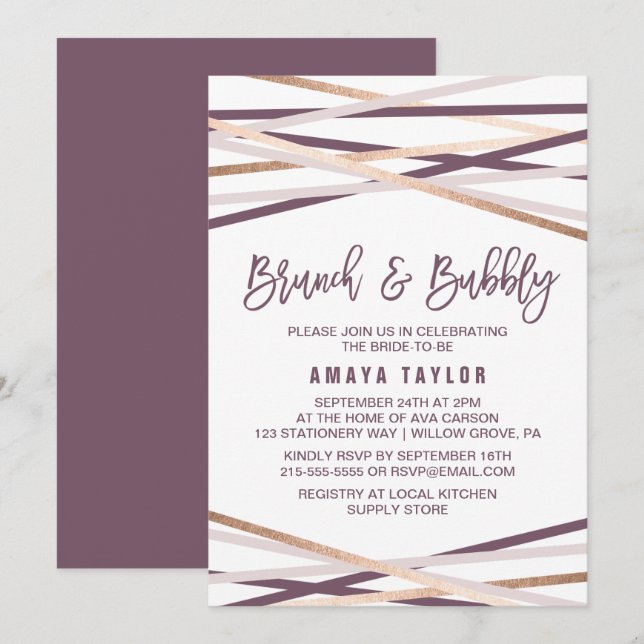 Invitation Purple Blush & Rose Gold Streamers Brunch & Bubbly (Devant / Derrière)