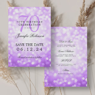 Invitation Purple Bokeh 70th Birthday Save Date Détails