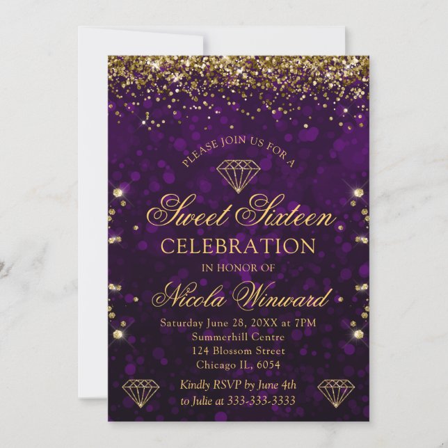 Invitation Purple Bokeh & Gold Parties scintillant Sweet 16 (Devant)