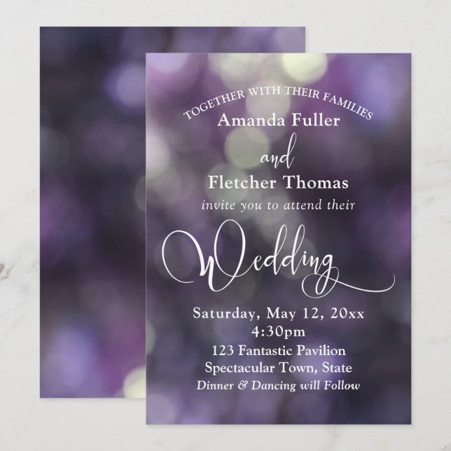 Invitation Purple Bokeh Lumière et typographie 32 Mariage 3 (Devant / Derrière)
