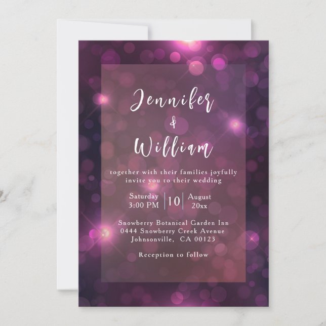 Invitation Purple Bokeh Sparkle Argent String Mariage (Devant)