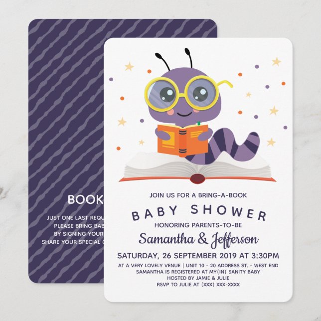 Invitation Purple Bookworm Baby shower de livre (Devant / Derrière)