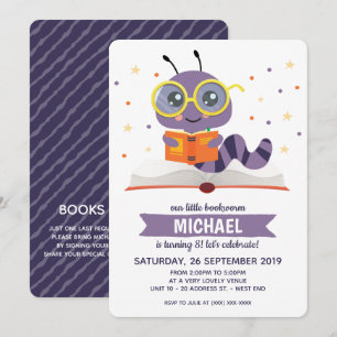 Invitation Purple Bookworm Livre Anniversaire