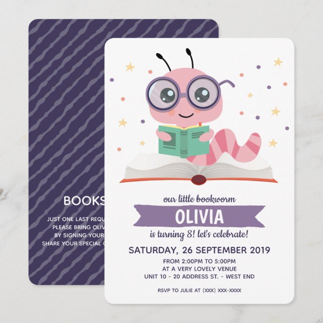 Invitation Purple Bookworm Livre Anniversaire (Devant / Derrière)