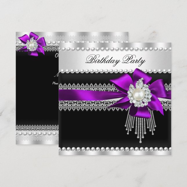 Invitation Purple Bow Black Pearl Lace Pearl fête d'anniversa (Devant / Derrière)