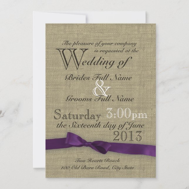 Invitation Purple Bow et Russe Burlap Mariage (Devant)