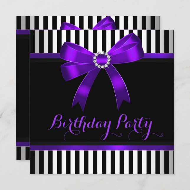 Invitation Purple Bow noir blanc rayé fête d'anniversaire (Devant / Derrière)