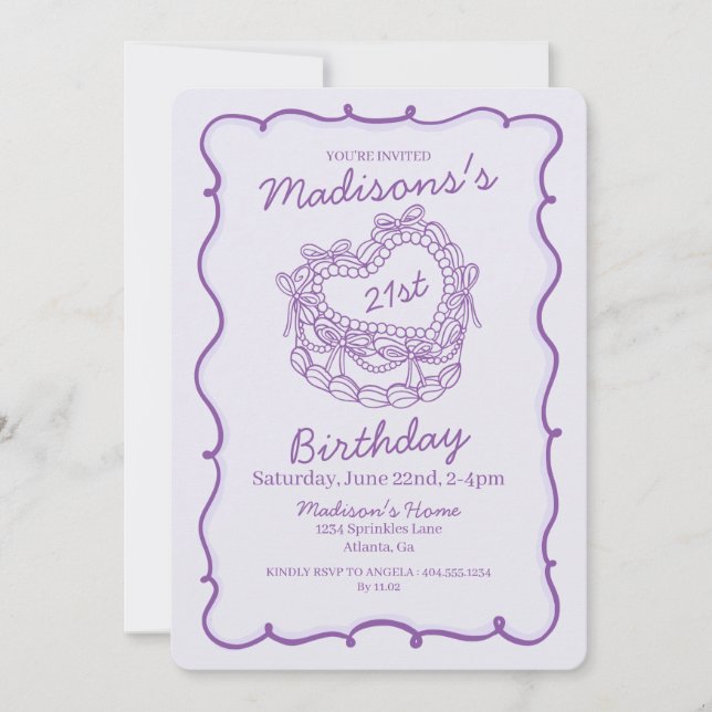 Invitation Purple Bow Retro Coquette gâteau Coquette Coeur 21 (Devant)