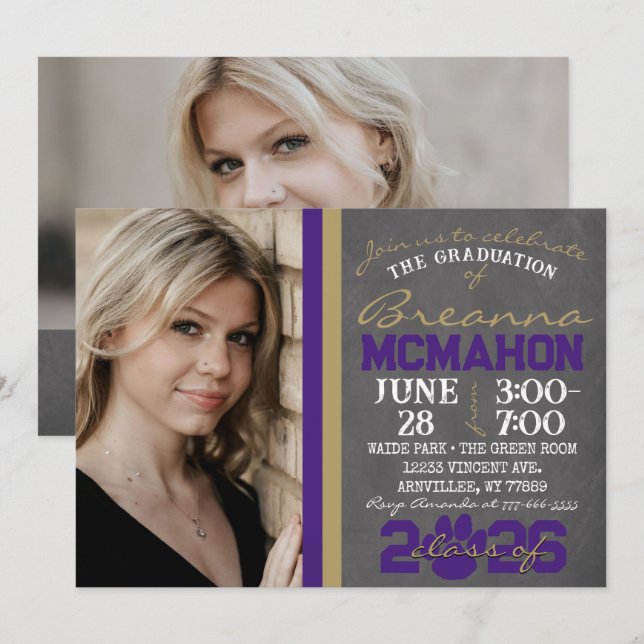 Invitation Purple & Bronze Gold Empreinte de patte Graduation (Devant / Derrière)