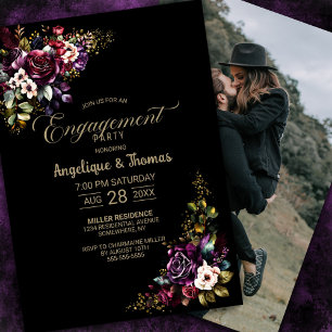 Invitation Purple Burgundy Floral Black Engagement Party