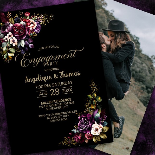 Invitation Purple Burgundy Floral Black Engagement Party (Créateur téléchargé)