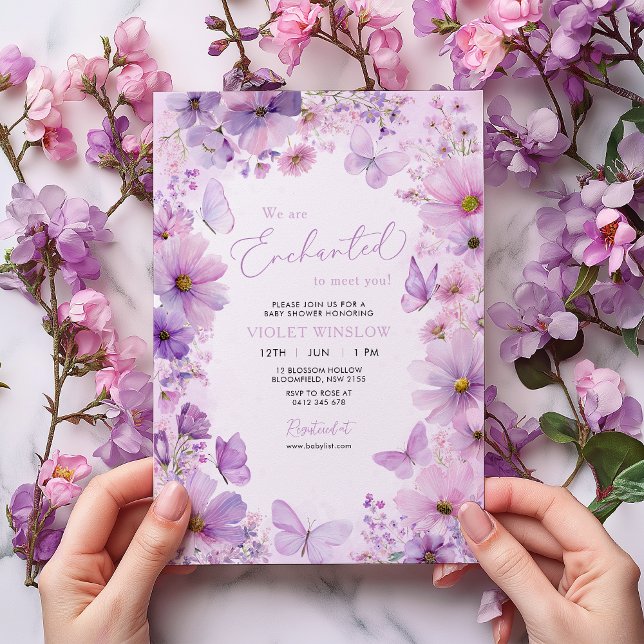 Invitation Purple Butterfly Floral Baby Shower Enchanted (Girl Baby Shower Invitation. Enchanted Purple Floral Butterfly)