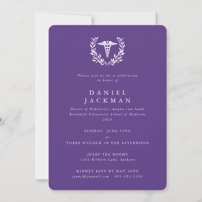 Invitation Purple Caduceus Médicale School Graduation (Devant)