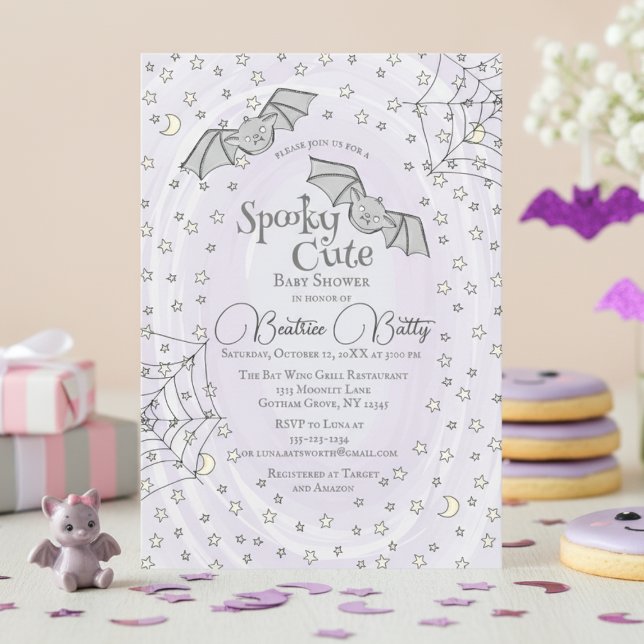 Invitation Purple chauves-souris Éffrayant Baby shower mignon (Spooky Cute Baby Bats Halloween Baby Shower. Baby Bats, Webs, Stars & Moons. Girly Watercolor Purple)